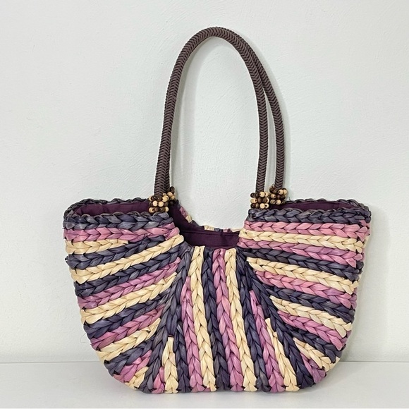 Handbags - Boho beachy straw tote market bag purple cream stripe corn husks & beads